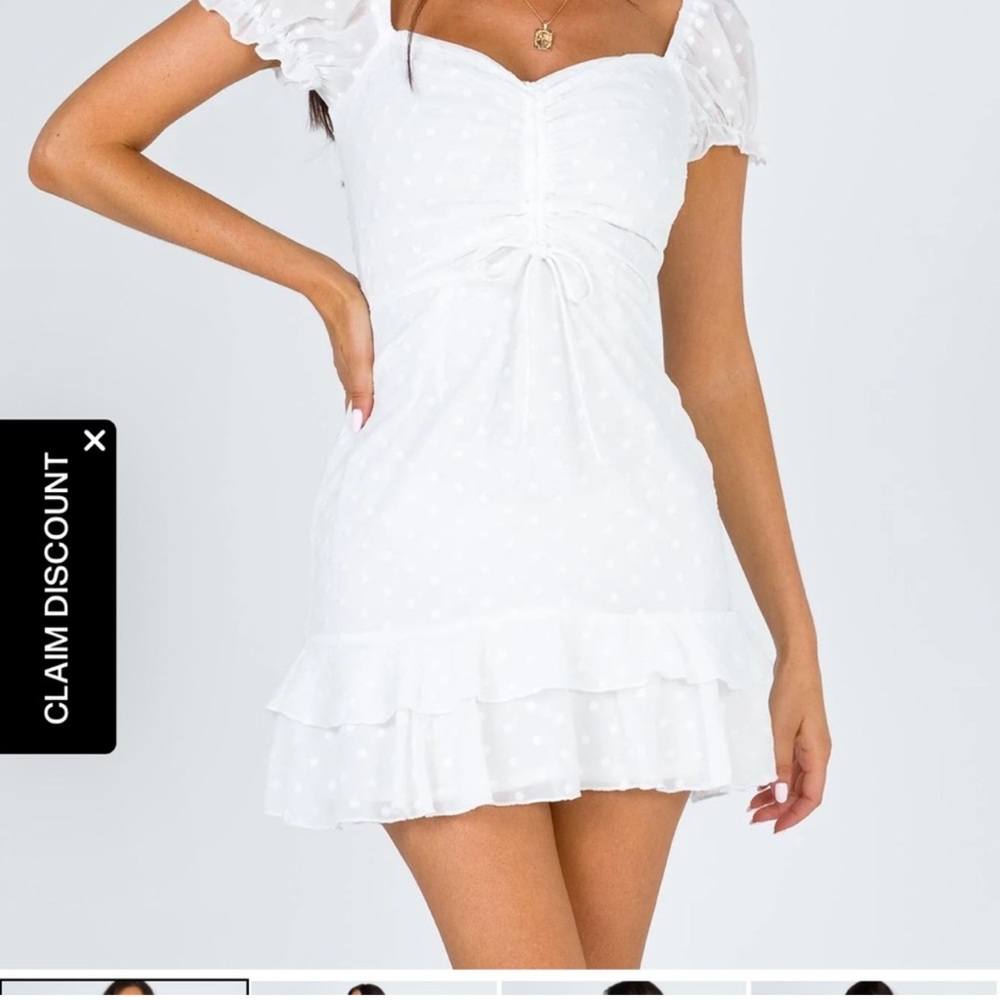 Princess Polly Mikail white Swiss dot mini dress Sinch at busy off the shoulder